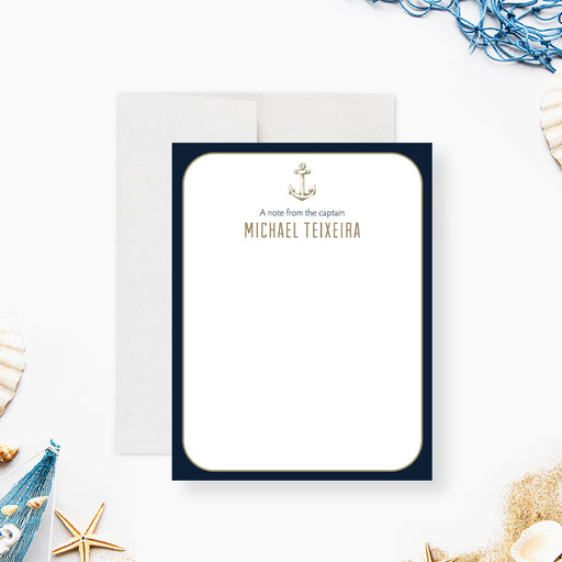 nautical birthday thank you card with navy blue border, anchor illustration, and personalized name for a coastal party note card-front