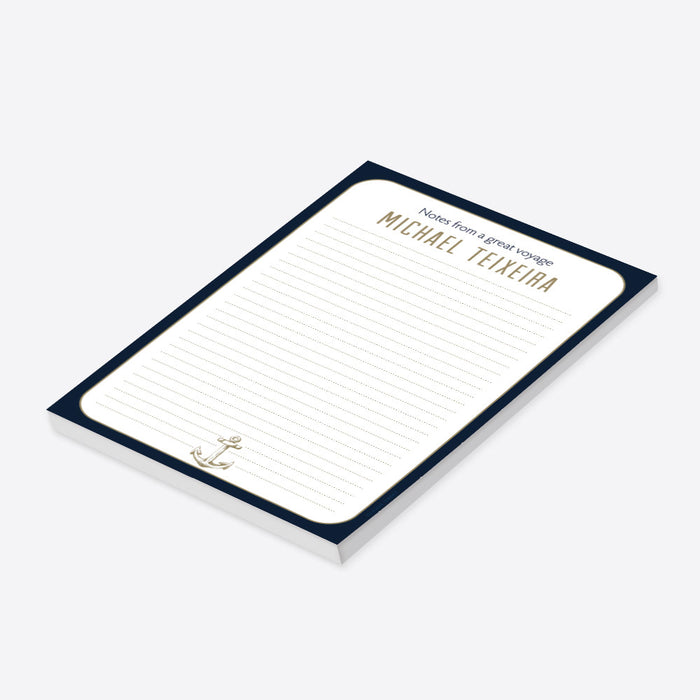 personalized nautical notepad with navy border, anchor illustration, lined pages, and custom name for a coastal stationery gift-side