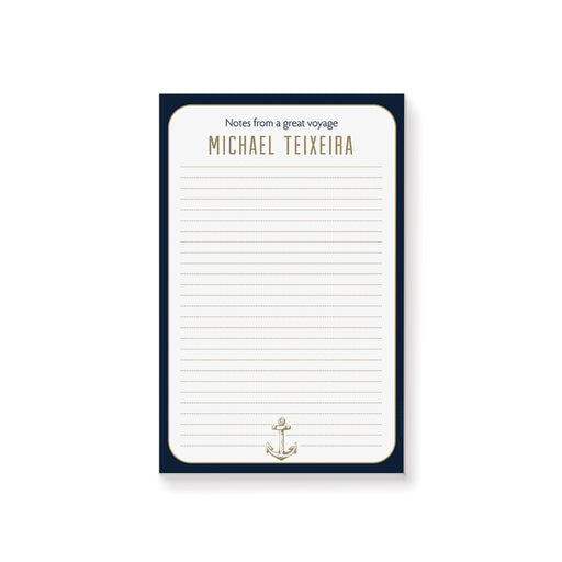 personalized nautical notepad with navy border, anchor illustration, lined pages, and custom name for a coastal stationery gift