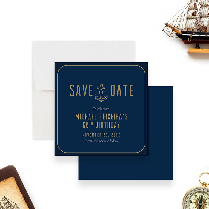 nautical birthday save the date card with navy blue background, anchor illustration, and elegant coastal design for a milestone party-front-back