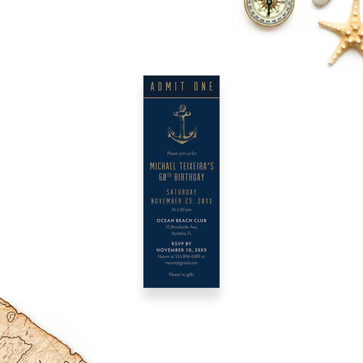 nautical birthday ticket invitation with navy blue background, anchor illustration, and elegant design for a milestone birthday party