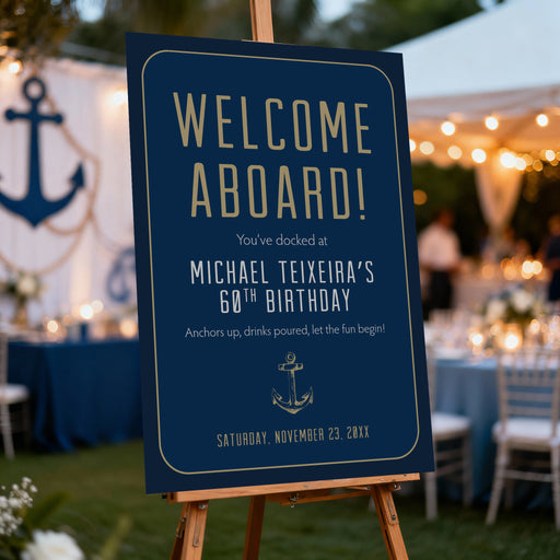 nautical birthday welcome sign with navy blue background, anchor illustration, and elegant coastal party lettering