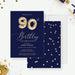 Navy 90th birthday invitation with gold balloon artwork and a coordinating gold confetti back.
