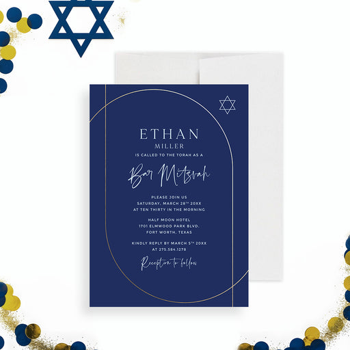 Navy Bar Mitzvah invitation with gold arch design and Star of David-front