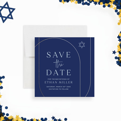 Navy and gold Bar Mitzvah save the date card with Star of David and arch frame design-front