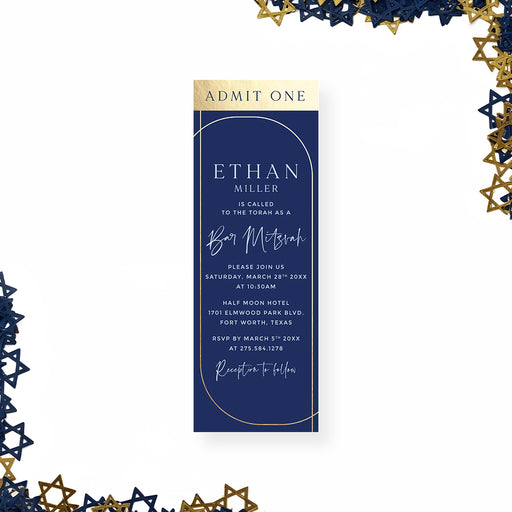 Navy and gold Bar Mitzvah ticket style invitation with arch frame design