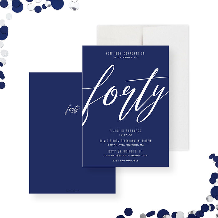 modern navy blue corporate anniversary invitation with elegant script typography and minimalist business event layout-front-back