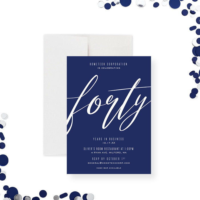 modern navy blue corporate anniversary invitation with elegant script typography and minimalist business event layout-front