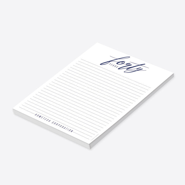modern corporate personalized notepad with navy script typography and lined writing pages-side