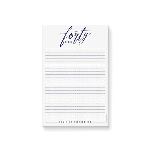 modern corporate personalized notepad with navy script typography and lined writing pages