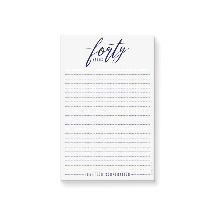 modern corporate personalized notepad with navy script typography and lined writing pages