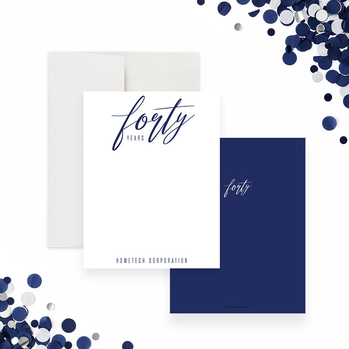 corporate anniversary thank you note card with elegant navy blue professional stationery design-front-back