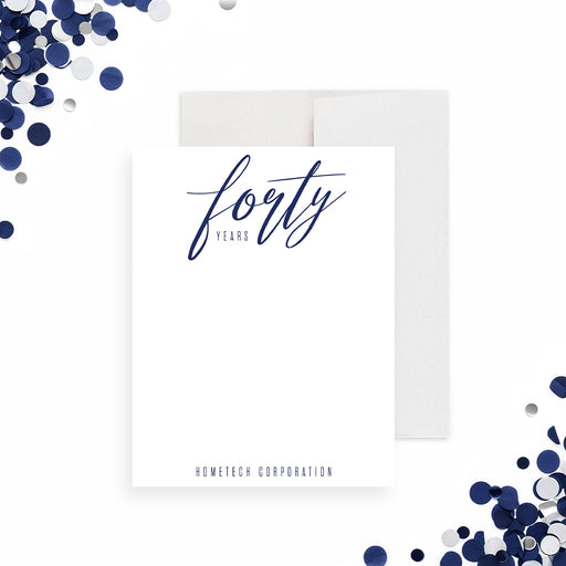 corporate anniversary thank you note card with elegant navy blue professional stationery design-front
