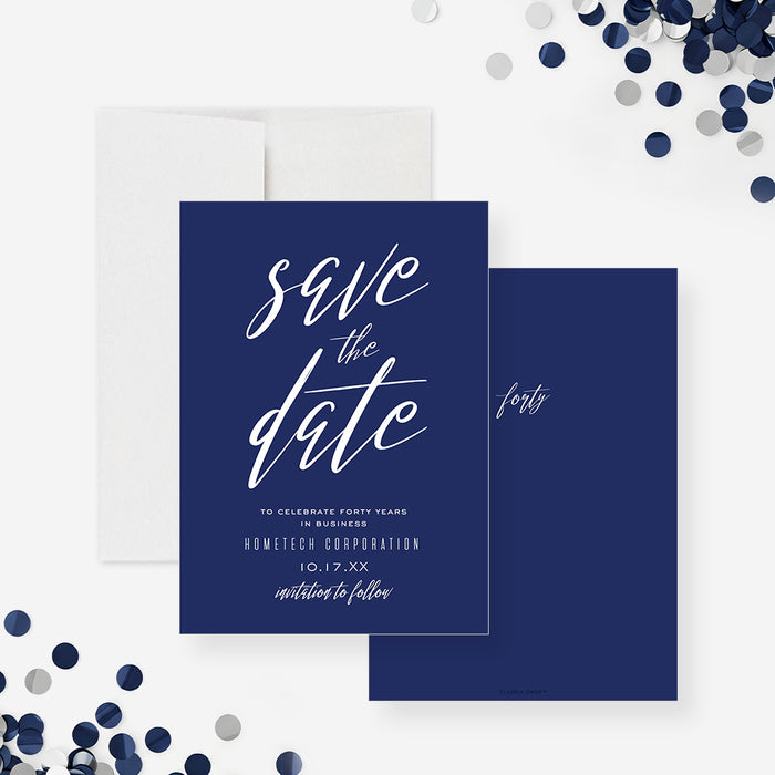 modern navy blue corporate save the date card with elegant script typography and minimalist business event layout-front-back
