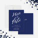 modern navy blue corporate save the date card with elegant script typography and minimalist business event layout-front-back