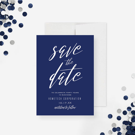 modern navy blue corporate save the date card with elegant script typography and minimalist business event layout-front