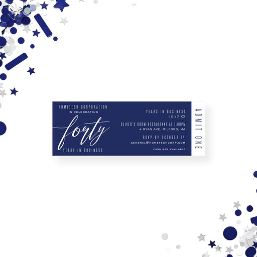 navy blue corporate anniversary ticket invitation with elegant script typography and modern business event layout