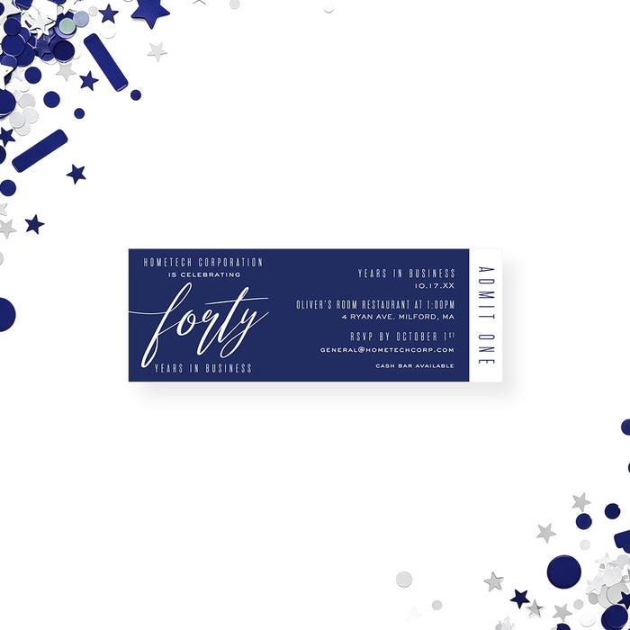 navy blue corporate anniversary ticket invitation with elegant script typography and modern business event layout