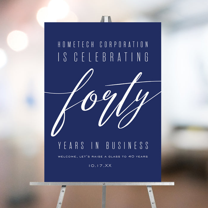 corporate anniversary welcome sign with elegant navy blue and white business event design