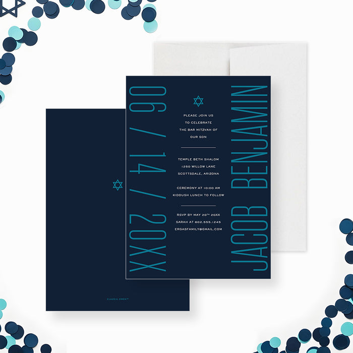 Navy blue teal Bar Mitzvah invite modern teen design with bold layout and clean style-front-back