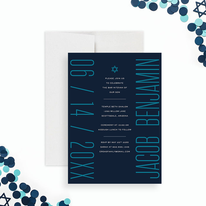 Navy blue teal Bar Mitzvah invite modern teen design with bold layout and clean style-front