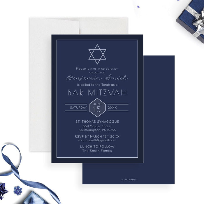Navy blue Bar Mitzvah invitation with a Star of David and personalized ceremony details.