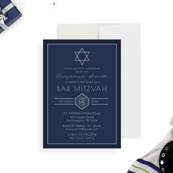 Navy blue Bar Mitzvah invitation with a Star of David and personalized ceremony details.