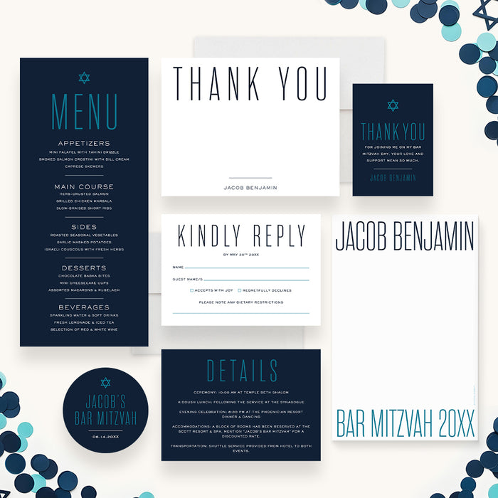 Modern Bar Mitzvah Invitation Navy Blue Teal Bold Design