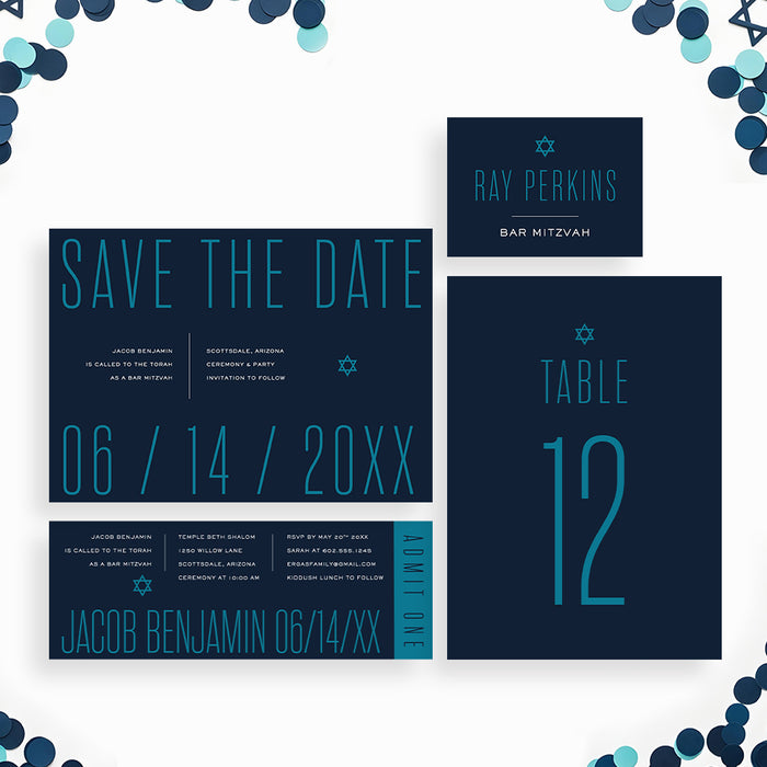 Modern Bar Mitzvah Invitation Navy Blue Teal Bold Design