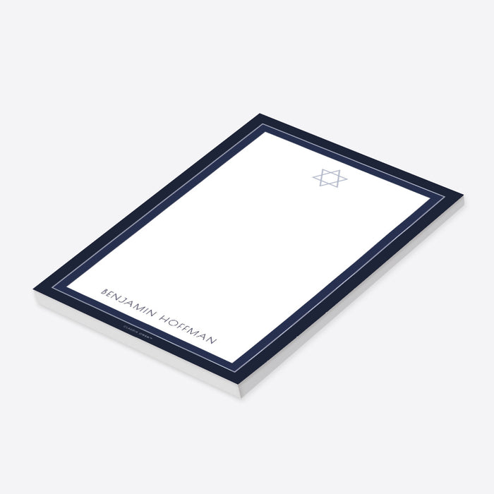 Personalized Bar Mitzvah notepad with a navy blue framed border, Star of David, white writing area, and custom name.