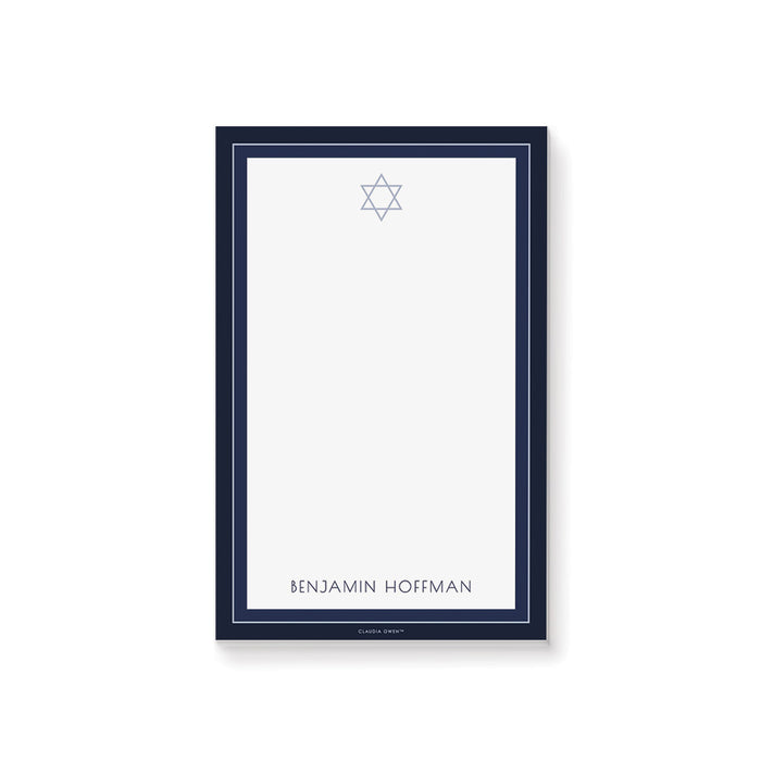 Personalized Bar Mitzvah notepad with a navy blue framed border, Star of David, white writing area, and custom name.