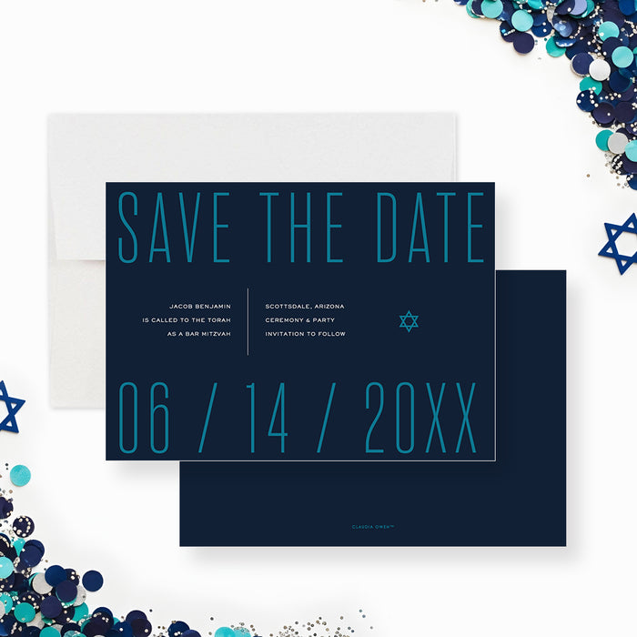 Modern Bar Mitzvah save the date card with navy background and teal typography featuring Star of David and minimalist layout-front-back