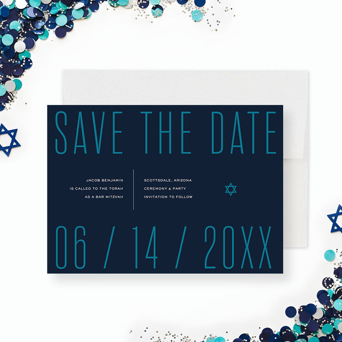 Modern Bar Mitzvah save the date card with navy background and teal typography featuring Star of David and minimalist layout-front