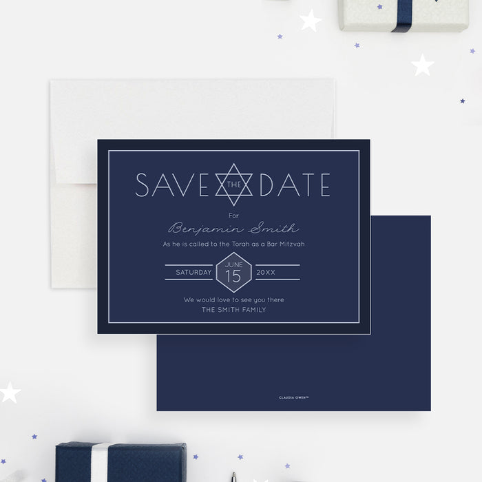 Navy blue Bar Mitzvah save the date card with a Star of David, personalized name, and celebration date.
