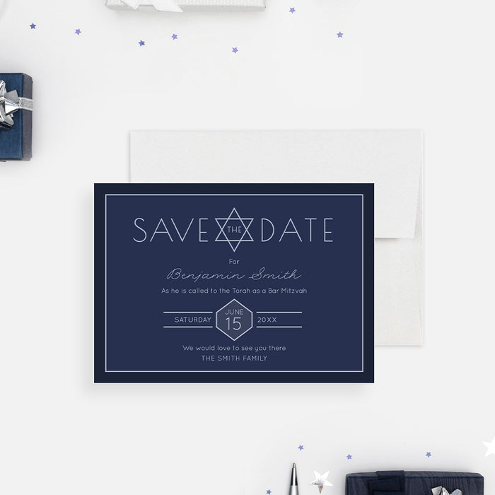 Navy blue Bar Mitzvah save the date card with a Star of David, personalized name, and celebration date.