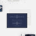 Navy blue Bar Mitzvah save the date card with a Star of David, personalized name, and celebration date.