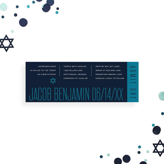 Modern Bar Mitzvah ticket invitation with navy background, teal typography, and admit one layout with Star of David design