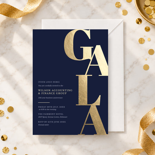 Navy blue and gold corporate gala invitation template with oversized gold lettering, company event details, and a formal design.
