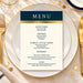 Navy blue and gold menu card template with an ivory background, gold accent band, and elegant dinner menu sections