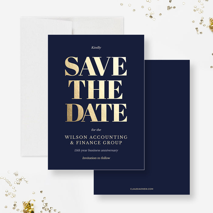 Front and back of a navy blue corporate save the date template with oversized gold lettering and a white envelope.