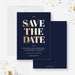 Front and back of a navy blue corporate save the date template with oversized gold lettering and a white envelope.