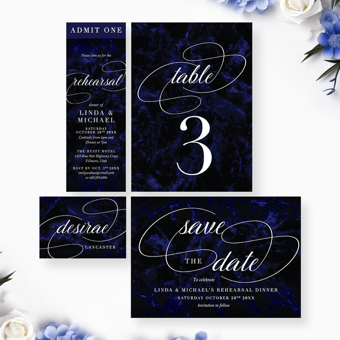 Navy Blue Rehearsal Dinner Invitation Elegant Pre Wedding Card