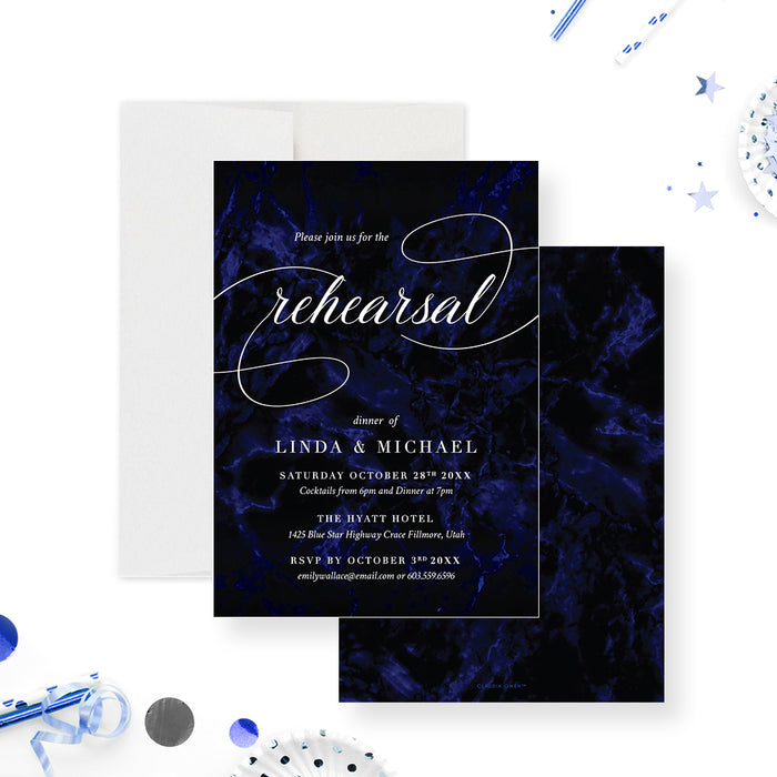 Modern rehearsal dinner invitation with a dark navy blue background and elegant typography-front-back