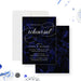 Modern rehearsal dinner invitation with a dark navy blue background and elegant typography-front-back