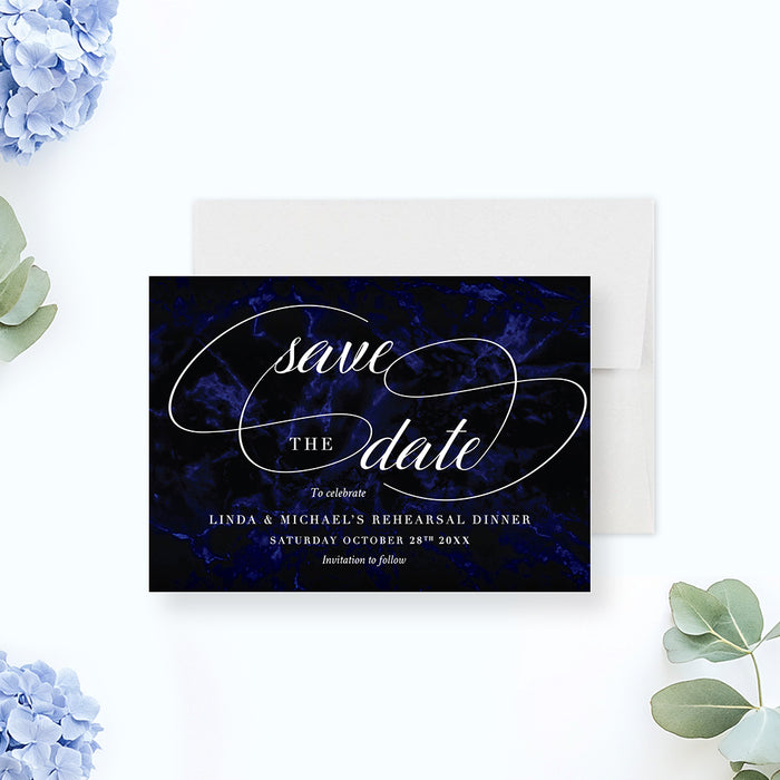 Navy blue save the date card with modern calligraphy script for pre-wedding dinner celebrations-front