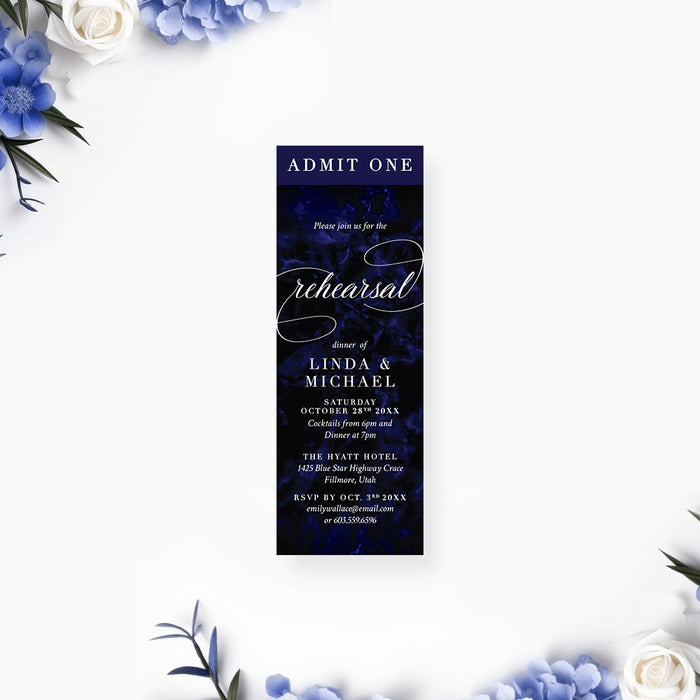 Navy blue rehearsal dinner ticket invitation with elegant calligraphy design