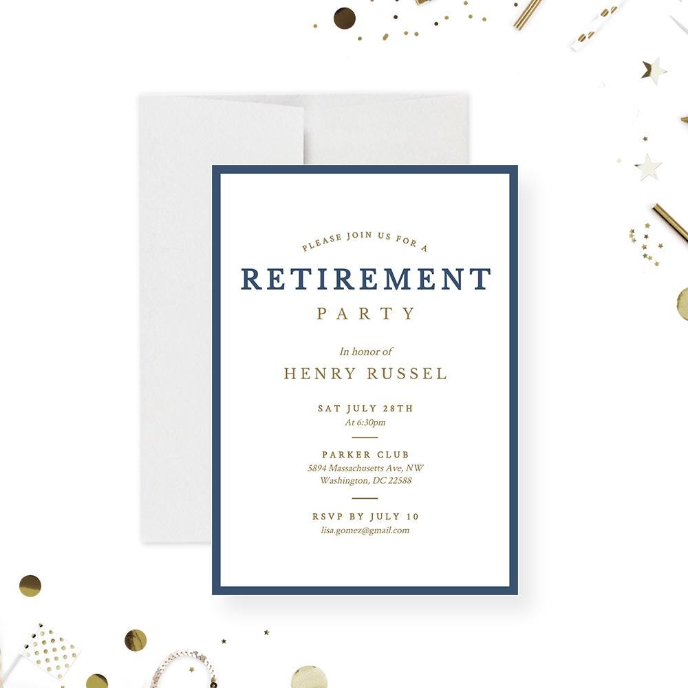 portrait retirement party invitation template with navy blue border, classic lettering, warm accent details, and editable retiree event details