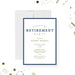 portrait retirement party invitation template with navy blue border, classic lettering, warm accent details, and editable retiree event details