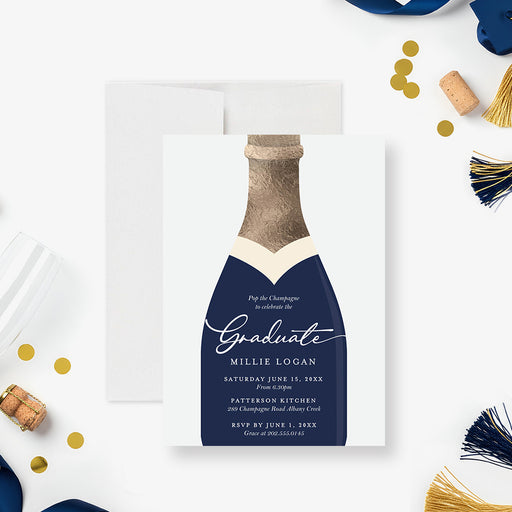 navy champagne bottle graduation party invitation with elegant script lettering, gold-colored accent details, tassels, and personalized event wording-front