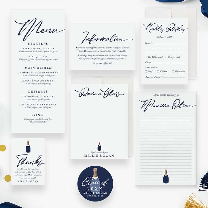 Navy Champagne Bottle Graduation Party Invitation